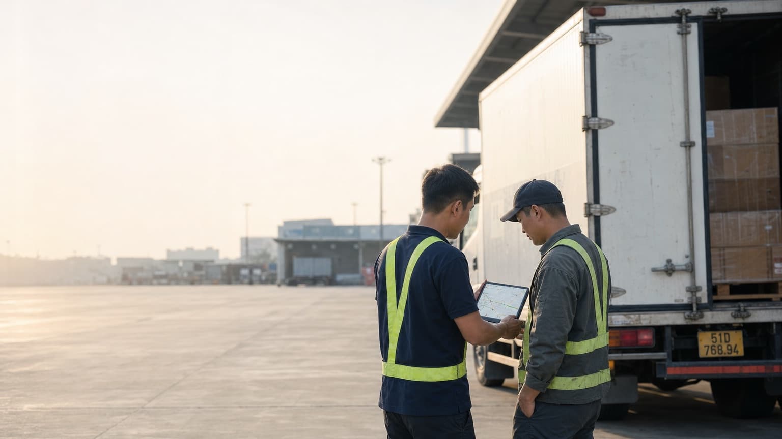 Hai nhân viên vận hành đứng ở đuôi xe tải, một người xem kế hoạch tuyến trên máy tính bảng, dưới ánh sáng ban ngày